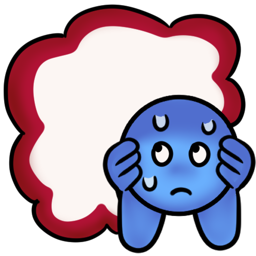 a blue figure with a frightened expression and sweatdrops covering their ears and hiding from a big thought bubble with a red outline.